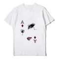 Close up view of white short sleeve t shirt featuring artistic diamond ace eye lip print detail. - S / Heart A Eye Lip Style (Top)