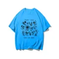 Blue botanical print short sleeve t-shirt with plant these save the bees graphic for casual summer wear. - S / Tops / Cyan Blue