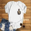 Detailed view of white short-sleeve t-shirt with cute puppy pocket print and casual style. - White
