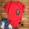 2024 New Women Short Sleeve T-Shirt Casual Red Tee with Cute Dog Pocket Graphic Top - Red