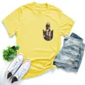 Yellow short-sleeve T-shirt featuring a cute German shepherd puppy pocket graphic design. - Yellow