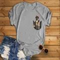 Casual grey short sleeve T-shirt featuring a cute puppy pocket graphic print for daily wear. - S / Tops / Gray