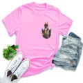 Pink short sleeve T-shirt with cute German Shepherd puppy graphic pocket print casual top. - Pink
