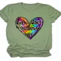 Casual green short sleeve t-shirt featuring a colorful leopard heart graphic print on chest. - S / Tops / Green