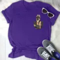 Purple T-shirt with cute German shepherd puppy pocket print, casual short sleeve top for women. - S / Tops / Purple