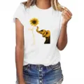 Casual wit t-shirt met korte mouwen en een leuke olifant zonnebloem grafische print. - Wit