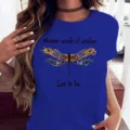 T-shirt décontracté bleu pour femme avec graphique de libellule et citations inspirantes. - Bleu saphir