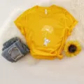 Women's yellow short sleeve t-shirt with cute elephant dandelion graphic casual cotton top - Yellow