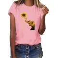 Casual roze t-shirt met korte mouwen voor dames met schattige olifant en zonnebloem print. - Roze