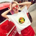 Summer casual white short sleeve t-shirt with trendy lip lemon graphic print for women daily wear - S / Tops / Red Lip Lemon Print (3)
