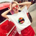 Detailed view of casual white short sleeve t-shirt featuring vibrant colorful lip print. - S / Tops / Colorful Lip Print (4)