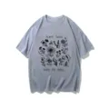 Grey short sleeve t-shirt with botanical plant and bee graphic print, casual cotton tee. - S / Tops / Gray