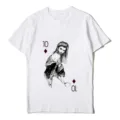 Vista detallada de camiseta blanca de manga corta para mujer con estampado de naipes. - Estilo Diamante 10 Monocromático Moda (Top)