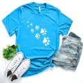 Blue paw print short sleeve t-shirt for women, casual summer cotton top with cute animal design. - Bright Blue (White Paw Print)