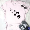 Women's casual short sleeve t-shirt featuring cute black cat paw print design for daily wear. - Pink (Black Paw Print)