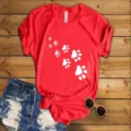 Red short sleeve t-shirt with cute white animal paw prints casual top for women daily wear - S / Tops / Red (White Paw Print)