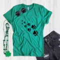 Green casual women short sleeve t shirt with cute cat paw print design for summer daily wear. - Green (Black Paw Print)