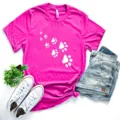 Pink short sleeve t-shirt with white paw print graphic, casual everyday summer apparel. - Rose Red (White Paw Print)
