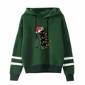 Casual dark green hoodie with double stripe sleeves and cute Christmas black cat graphic print. - S / Tops / Green