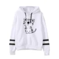 Close-up details of white hoodie featuring black sleeve stripes and cute cat graphic print. - S / Tops / White