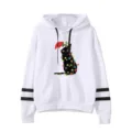 White hooded sweatshirt with double stripe sleeves and a cute Christmas cat graphic print. - S / Tops / White