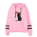 Pink hoodie featuring a cute black cat with Christmas hat and lights, casual long sleeves. - S / Tops / Pink