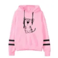 Pink hooded sweatshirt for men and women featuring a cute cat print and black sleeve stripes. - S / Tops / Pink