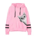 Rosa Kapuzenpullover mit schwarzen Doppelstreifen an den Ärmeln und süßem Katzen Motiv. - S / Oberteil (333) / Rosa