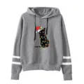 Christmas black cat print hoodie detail, casual gray long sleeve sweatshirt with dual stripes. - S / Tops / Gray