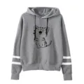 Grey hooded sweatshirt featuring cute cat graphic and double stripe sleeves daily casual. - S / Tops / Gray