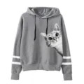 Grauer Kapuzenpullover Detail mit Katzenmotiv und Doppelstreifen an den Ärmeln für Alltag. - S / Oberteil (333) / Grau
