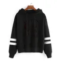 Detailed view of the black hooded sweatshirt featuring sleeve stripes and chest graphic print. - Black
