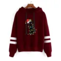Christmas black cat print hoodie with double stripe sleeves, cozy winter hooded sweatshirt. - Burgundy