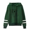 Unisex green hoodie with cute cartoon cat print and double stripe sleeves, comfortable casual wear. - S / Tops / Green