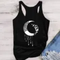 Close-up detail of the black tank top featuring a white mandala moon and butterfly print. - S / Tops / Black Pattern