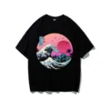 Close-up detail of the graphic print featuring a retro wave design on the black cotton fabric. - Black