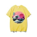 Retro wave art graphic detail on yellow cotton t-shirt showing front chest print design. - Yellow