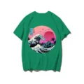 Close-up detail of the vintage wave graphic on the green cotton t-shirt fabric texture. - Green