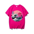 Close-up detail of the retro wave Japanese style graphic print on the pink cotton t-shirt. - Rose Red
