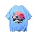 Blue short sleeve t-shirt with retro wave Japanese art graphic for casual street wear. - Light Blue