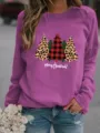 Donna Natale Albero Stampa Leopardo Maniche Lunghe Casual Girocollo Felpa Top - Viola