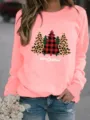 Kerstboom print trui detail, roze lange mouwen ronde hals sweatshirt voor dames dagelijkse kleding. - S / Tops / Roze