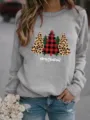Felpa casual da donna con girocollo a maniche lunghe e stampa leopardo albero di Natale. - Grigio