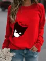 Felpa rossa da donna con scollo rotondo, grafica di gatto e stampa di lettere divertente. - Rosso
