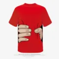 Detailed view of red short sleeve t-shirt with funny hand graphic design for men and women. - S / Tops / Red