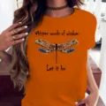 T-shirt femme orange à manches courtes avec imprimé graphique libellule créatif et texte col rond - Orange