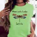 T-shirt femme manches courtes col rond ample imprime libellule haut casual ete mode - Vert Fluorescent
