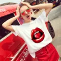 T-shirt blanc à manches courtes pour femmes imprimé lèvres rouges haut d'été décontracté - Imprimé Lèvre Coeur (9)