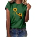 Creatief dames t-shirt met korte mouwen, losse ronde hals en olifant zonnebloem print. - S / Tops / Groen