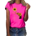 Dames casual korte mouw t-shirt roze met leuke olifant en zonnebloem grafische print top - Rozerood